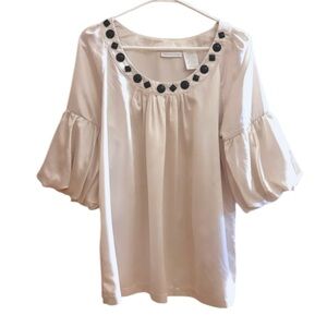 Y2K White 3/4 Bubble Sleeve Blouse Black Jewel Draped Style Flowy Top Satin Look
